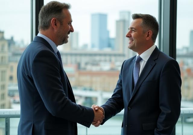 Two professionals shaking hands across a boardroom table in London