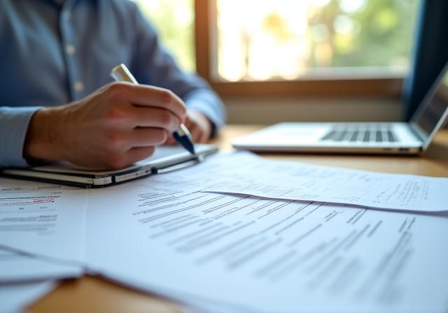 A legal professional carefully reviewing a contract with a digital tablet and physical documents on a clean wooden desk