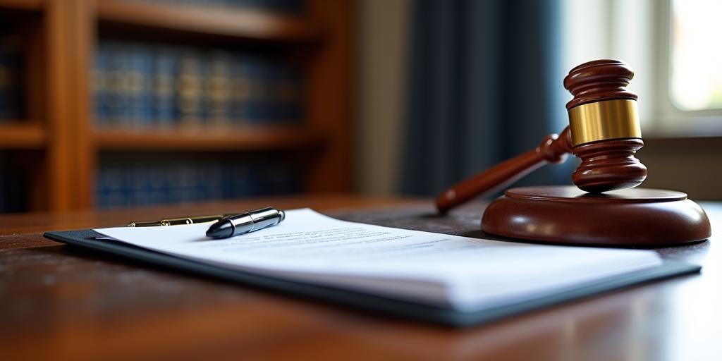 Legal gavel and contract documents on a high-end wooden desk
